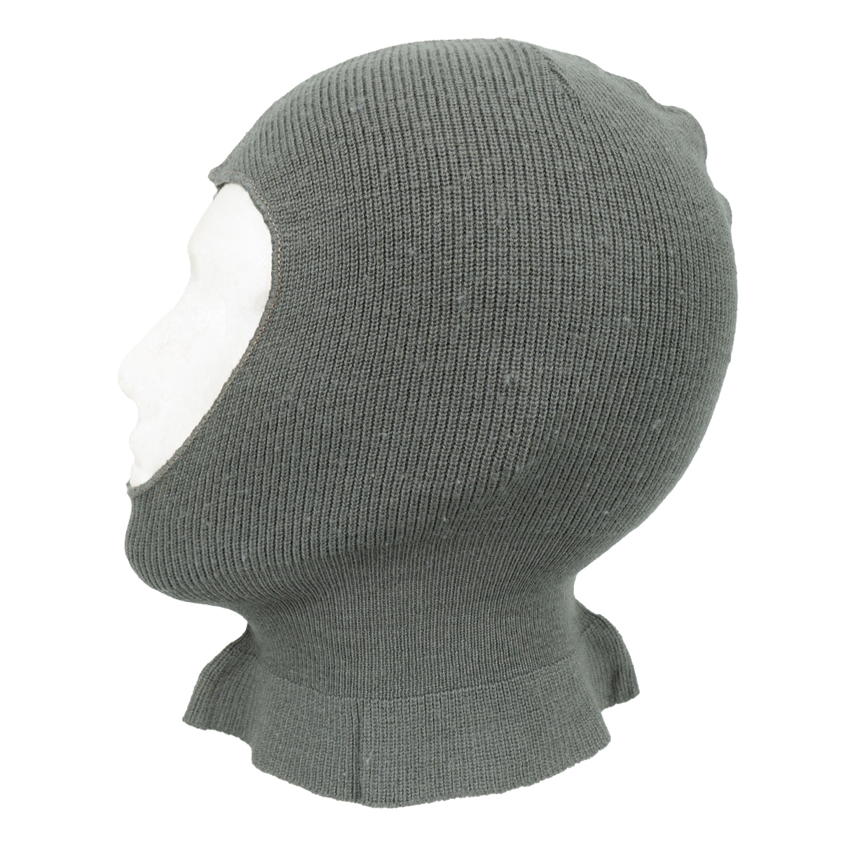 Side view of a vintage Swiss military wool balaclava on a mannequin head, highlighting the thick knit and protective neck design.