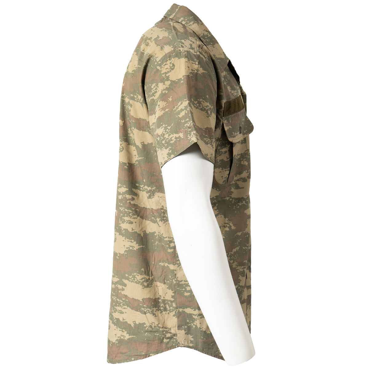 Side profile of a Turkish Army field shirt on a mannequin, highlighting the lightweight cotton-blend fabric, short sleeves, and distinct military camo pattern.