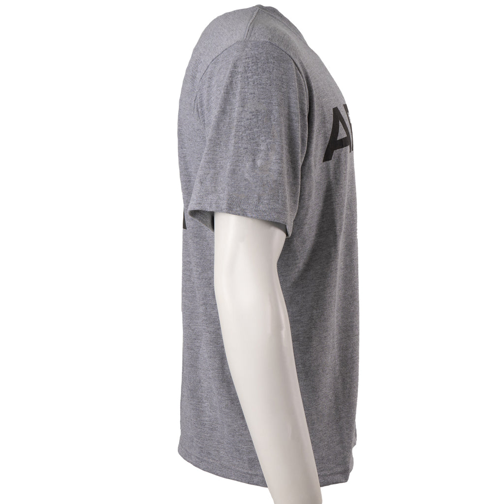 Side profile view showing the grey cotton fabric and the placement of the reflective ARMY text on the standard fit shirt.