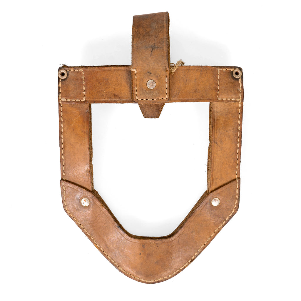 Rear view of the light brown leather Yugoslavian JNA shovel cover showing the belt loop attachment point, reinforced stitching, and sturdy construction.