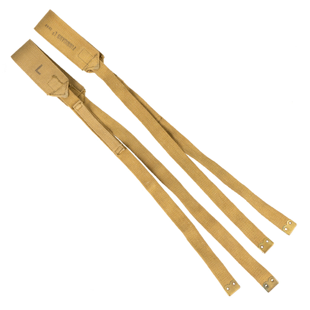 Pair of 37 Pattern webbing cross straps in khaki canvas with brass attachment points, original surplus.