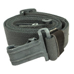 Rolled East German RPG7 sling made of durable grey cotton canvas webbing with heavy-duty metal spring-loaded clips.