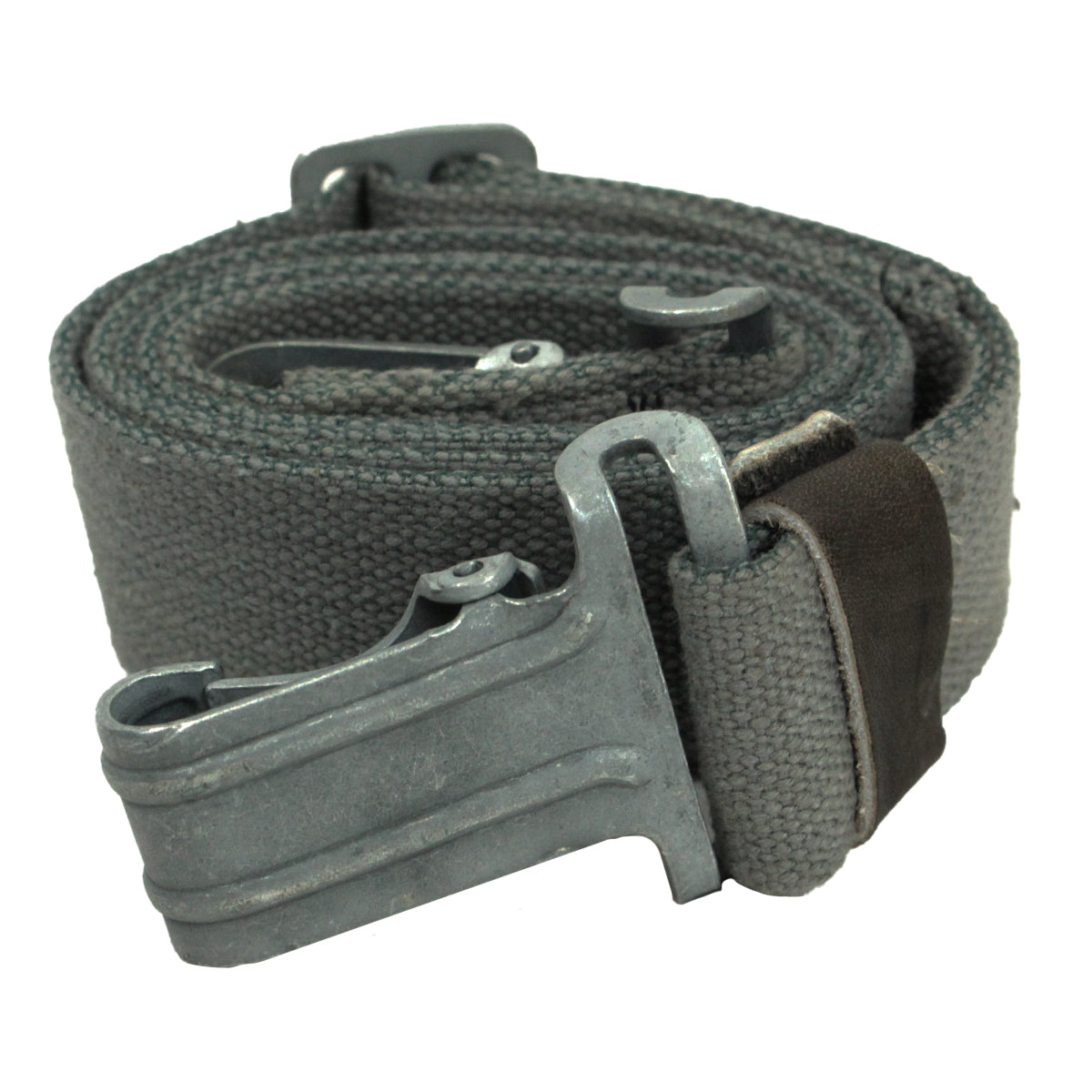 Rolled East German RPG7 sling made of durable grey cotton canvas webbing with heavy-duty metal spring-loaded clips.