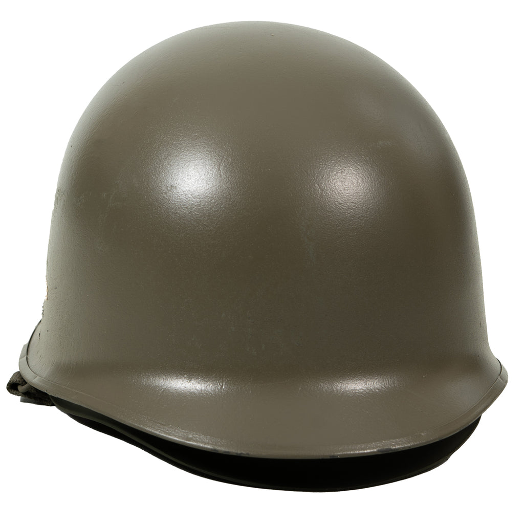 Side profile of the olive drab US M1 style military helmet replica showing the rounded dome.