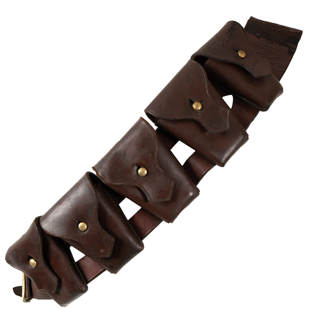 Grade 2 original WW2 South African 50-round leather bandolier, showing unique patina and historical service wear.