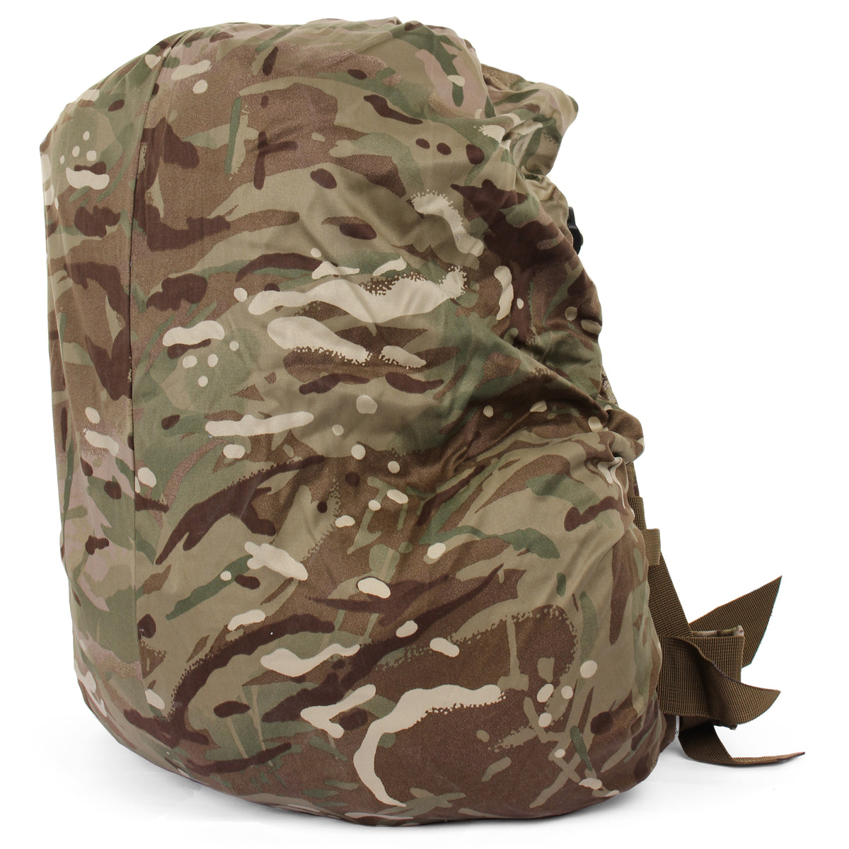 Side view of the British Army MTP rucksack cover showing its rounded, ergonomic shape and secure fit.