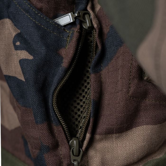 Detailed view of the mesh-lined zippered chest pocket on the French Army CCE camo jacket