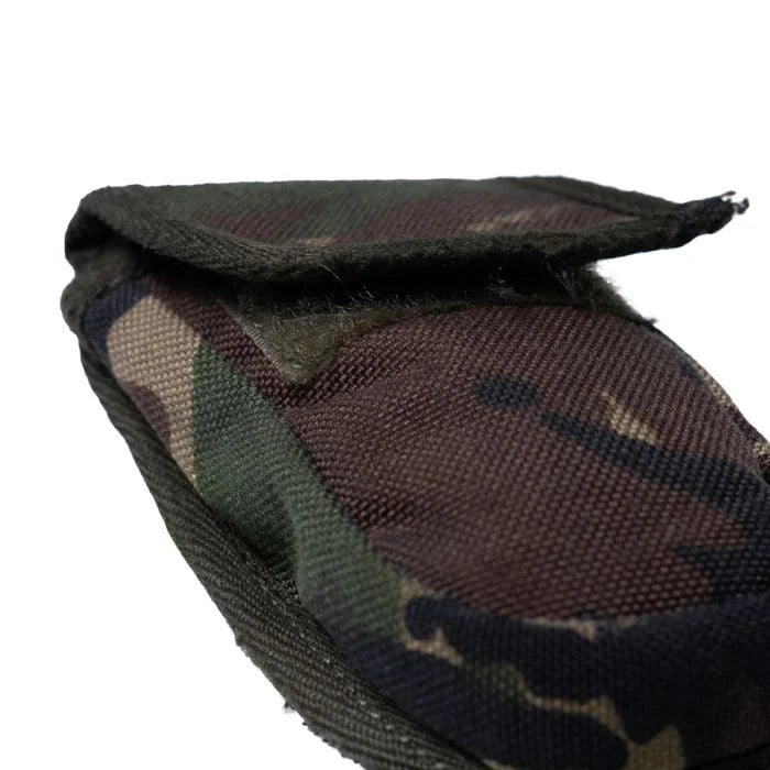 Side angle view of the closed Dutch Army woodland DPM knife pouch showing its robust stitched seams