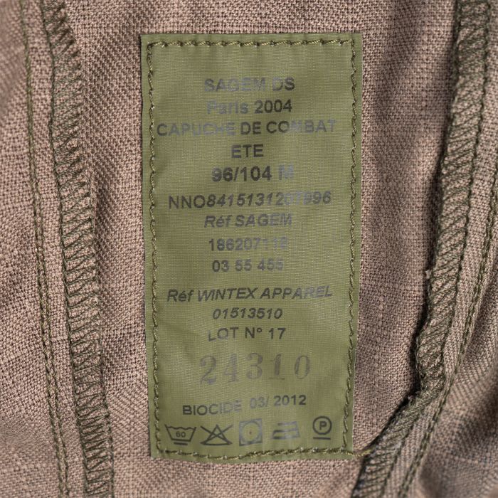 Sagem DS manufacturer and NATO Stock Number label inside the French FELIN T4 combat hood