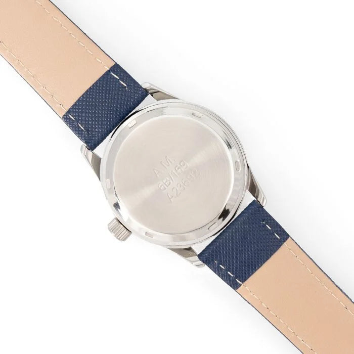 Close-up of the stainless steel case back stamped with Air Ministry 6B/159 markings