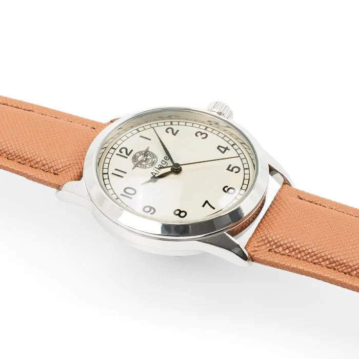 Angled side profile of the 37mm chrome watch case and cream dial