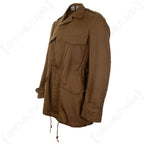 Side profile of SADF Nutria Summer Bush Jacket showing buttoned cuff tabs and collar lapels