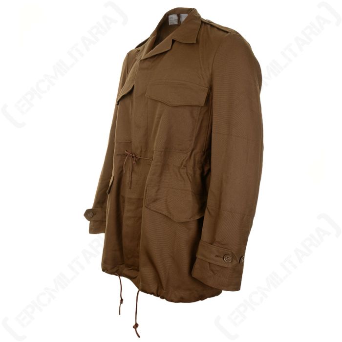 Side profile of SADF Nutria Summer Bush Jacket showing buttoned cuff tabs and collar lapels