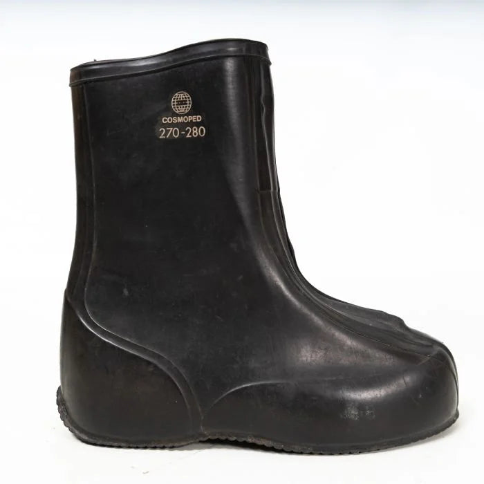 Side view of a German Army Cosmoped rubber overshoe boot featuring the printed globe logo and sizing numbers 270-280.