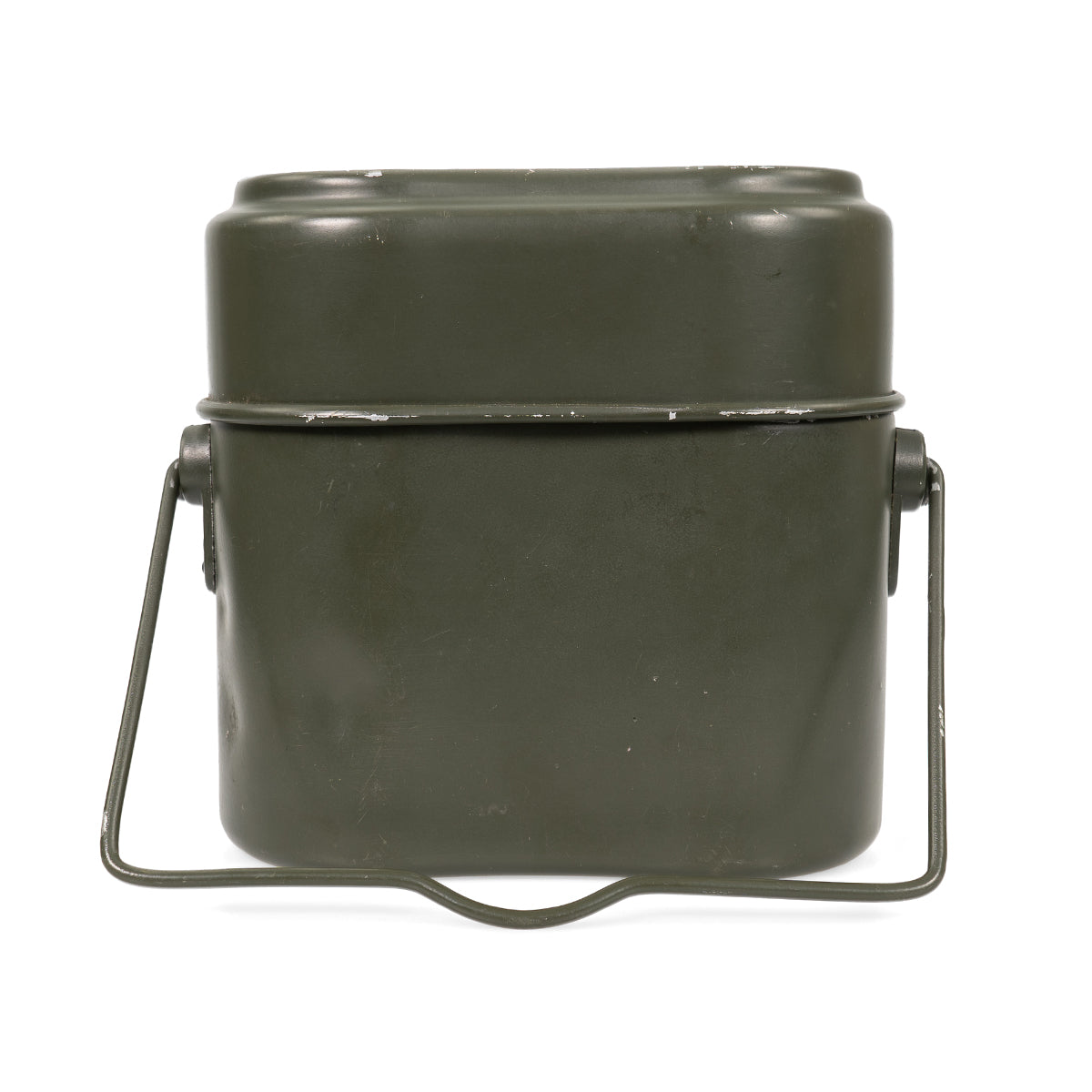 Rear view of the painted aluminium Austrian army field mess kit showing the robust construction and signature kidney-shaped profile.