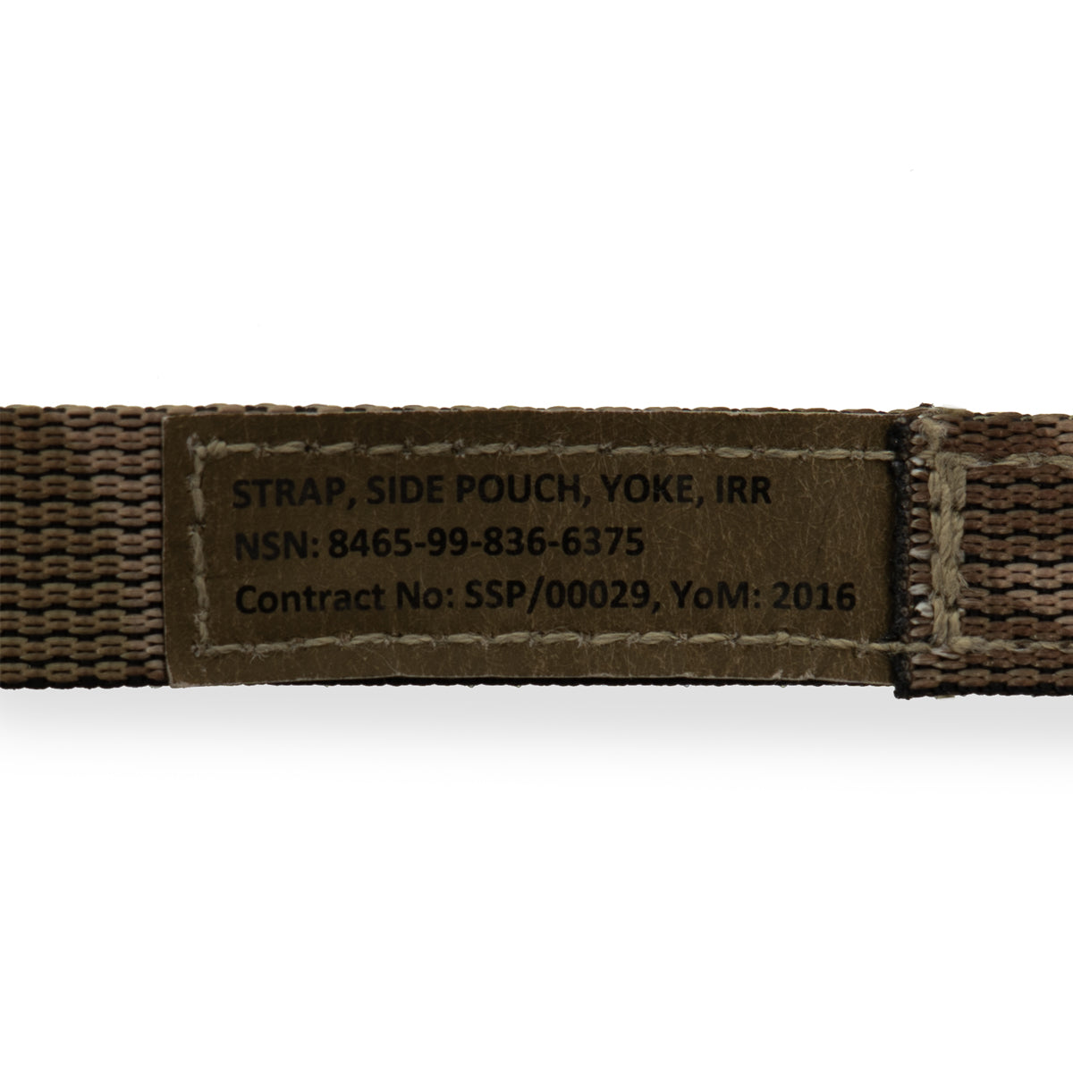 Text label on the MTP side pouch strap detailing NSN 8465-99-836-6375, contract information, and 2016 date.