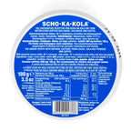 Detailed ingredient list and nutritional facts label on the back of the Scho-Ka-Kola 100g energy chocolate tin.