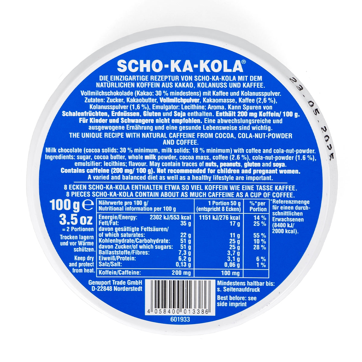 Detailed ingredient list and nutritional facts label on the back of the Scho-Ka-Kola 100g energy chocolate tin.