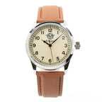 Front face view of British RAF Pilot Watch with brown strap and cream dial