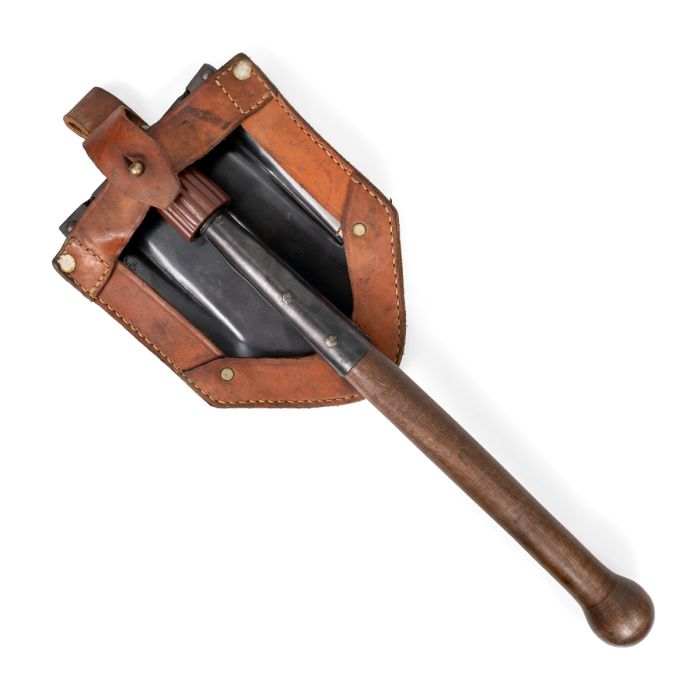 Yugoslavian JNA leather shovel cover fitted onto a US M1943 folding entrenching tool