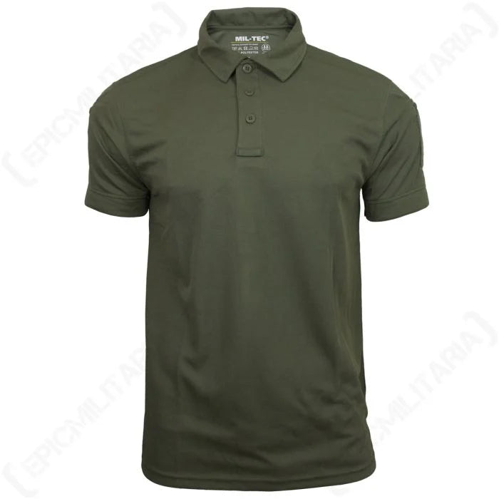 Detailed front view of the olive green polo showing the collar and buttoned placket design.