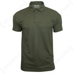 Detailed front view of the olive green polo showing the collar and buttoned placket design.
