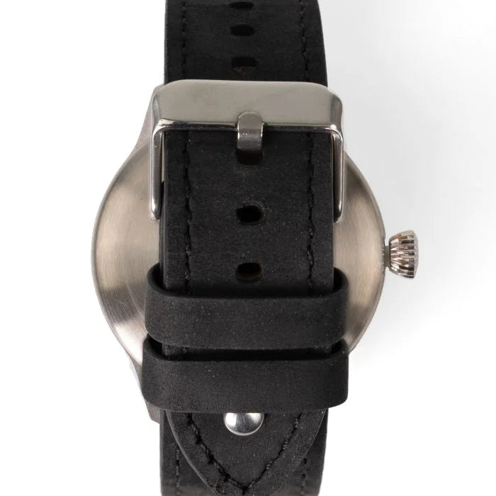 Rear view of the black Crazy Horse leather watch strap with stainless steel buckle and keeper loops