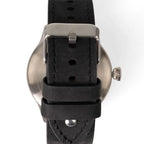 Rear view of the black Crazy Horse leather watch strap with stainless steel buckle and keeper loops