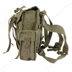 Side profile of SADF P70 canvas pack displaying adjustable shoulder strap harness and metal fittings