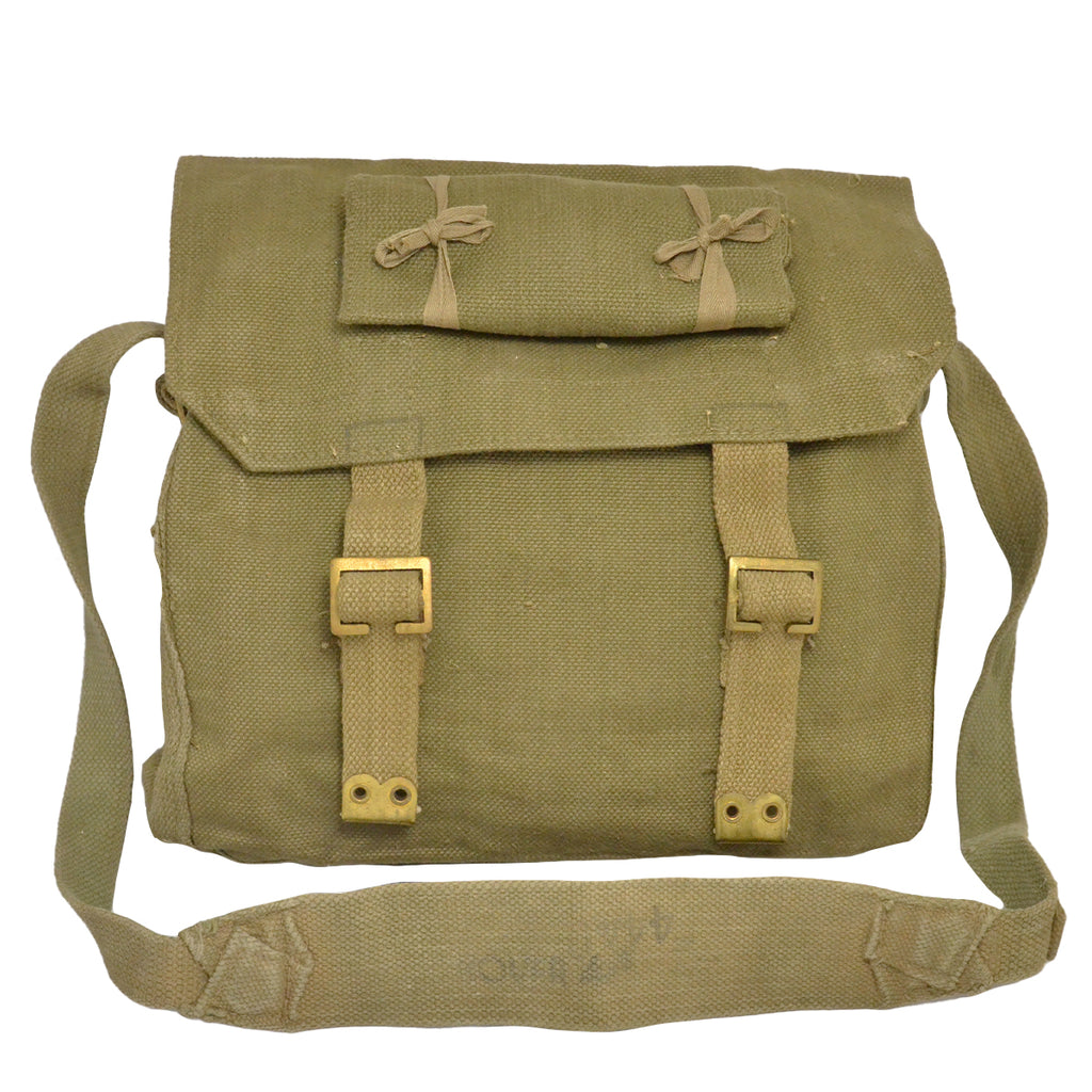 Front view of the original Greek Army 37 Pattern Small Pack in olive-drab canvas with brass buckle straps and gear-attachment flap.