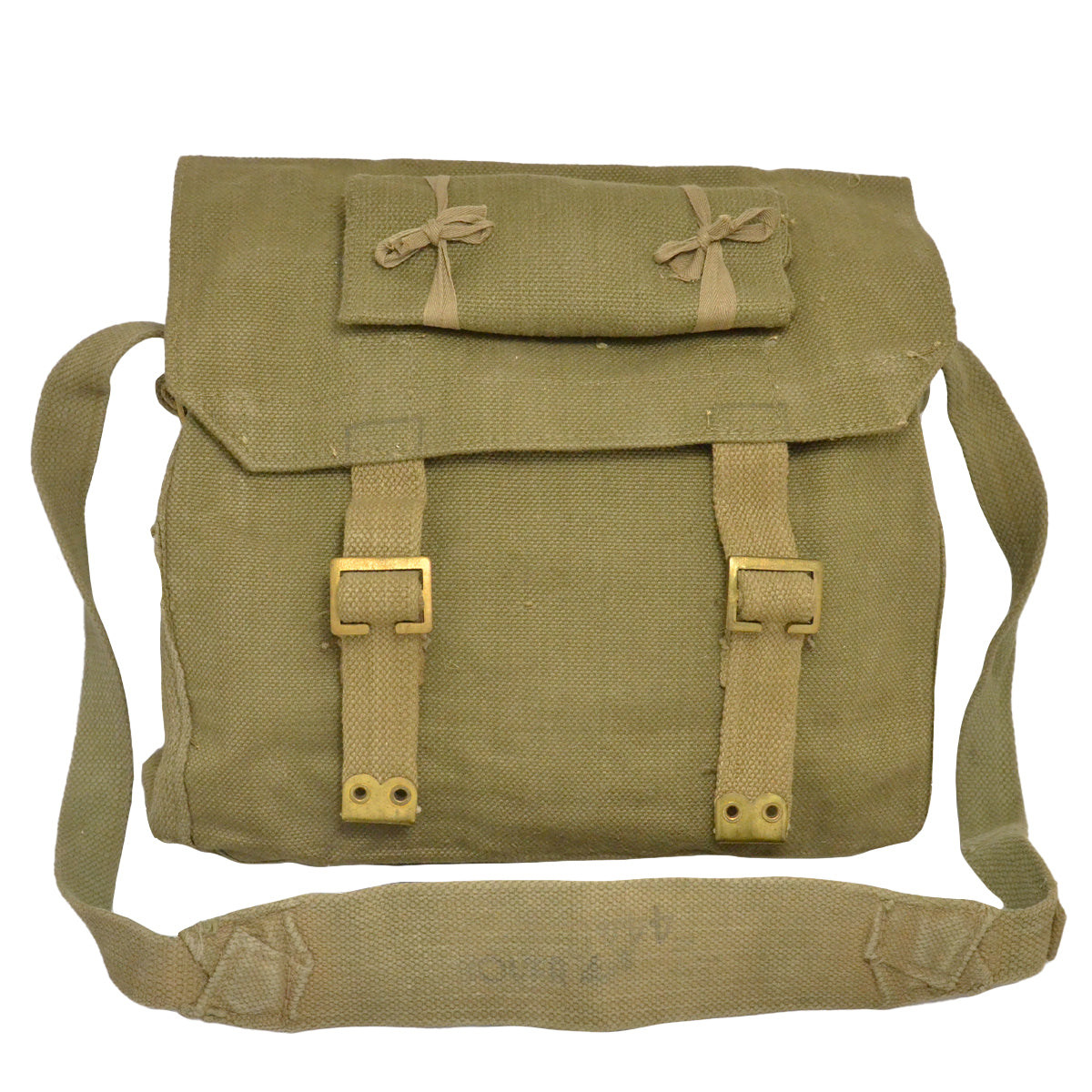 Front view of the original Greek Army 37 Pattern Small Pack in olive-drab canvas with brass buckle straps and gear-attachment flap.