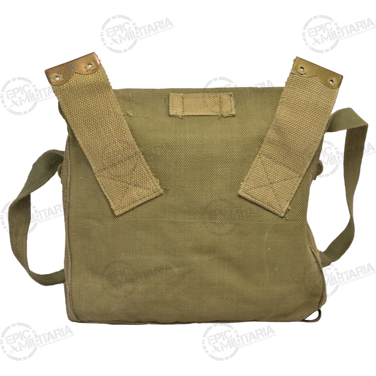 Rear view of the Greek Army 37 Pattern Small Pack showing sturdy canvas shoulder straps and loops for webbing or belt attachment.