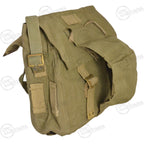 Angled view of the Greek Army 37 Pattern Small Pack displaying the top flap, securing buckles, and unique gear-carrying configuration.