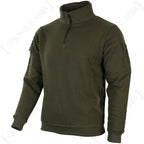 Side-angle view of tactical fleece sweatshirt highlighting athletic fit and ribbed waist
