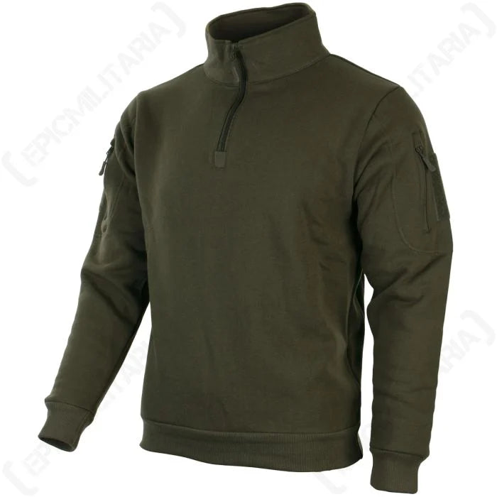 Side-angle view of tactical fleece sweatshirt highlighting athletic fit and ribbed waist