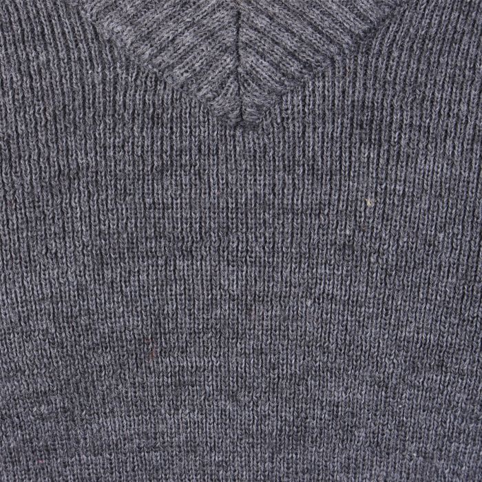 Close-up detail of ribbed V-neck collar on German Army grey sweater