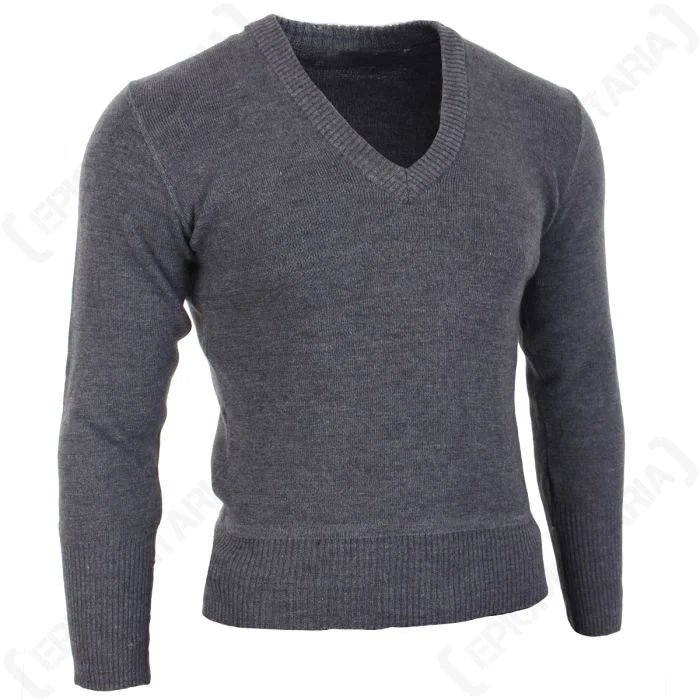 Front angled view of Original German Army grey V-neck jumper