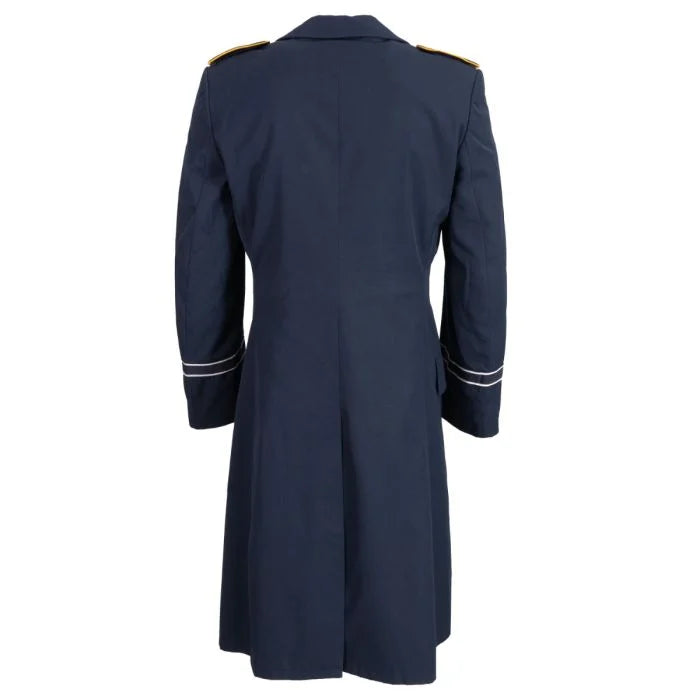 Back view of German Air Force blue overcoat showing central walking vent