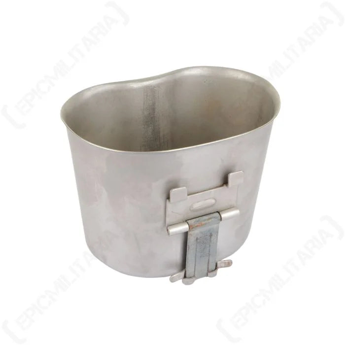 Rear view of Belgian ABL canteen cup showing folding handle hinge mechanism