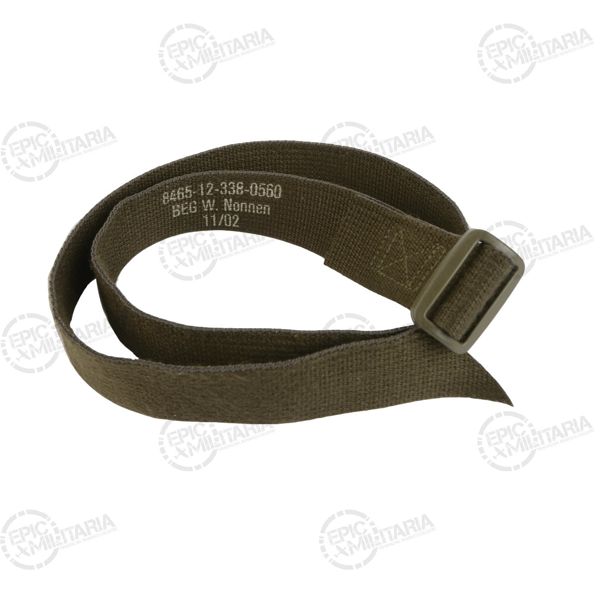 Close-up of German military gear strap featuring printed identification markings and a pointed end for easy adjustment.