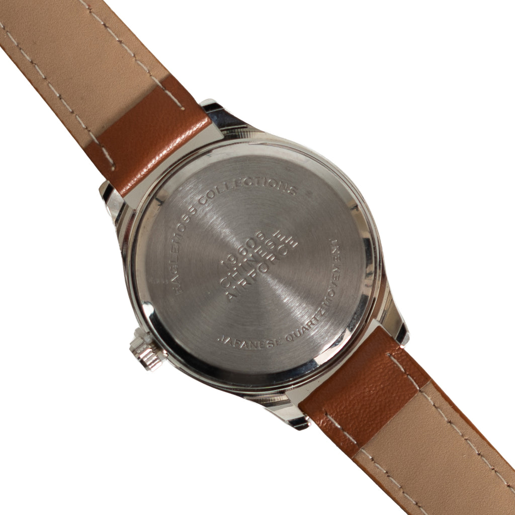 Stainless steel case back of the watch engraved with 1960s Chinese Air Force branding and Japanese quartz movement details.
