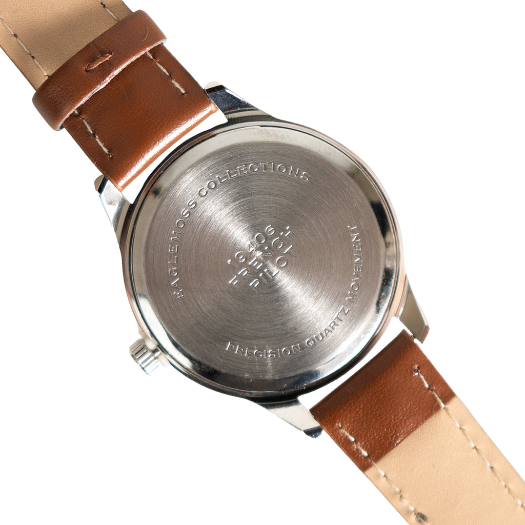 Stainless steel case back of the French pilot watch, engraved with Eaglemoss Collections and 1950s French Pilot branding.