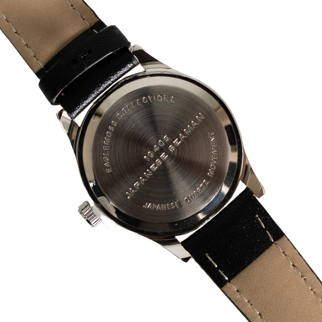 Close-up of the stainless steel case back of the Japanese Seaman's watch, engraved with heritage details and movement info.