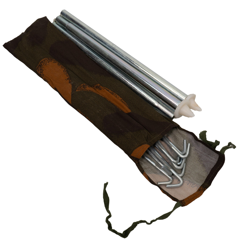 Set of aluminium tent poles and metal ground stakes packed inside a Hungarian camo storage sleeve.