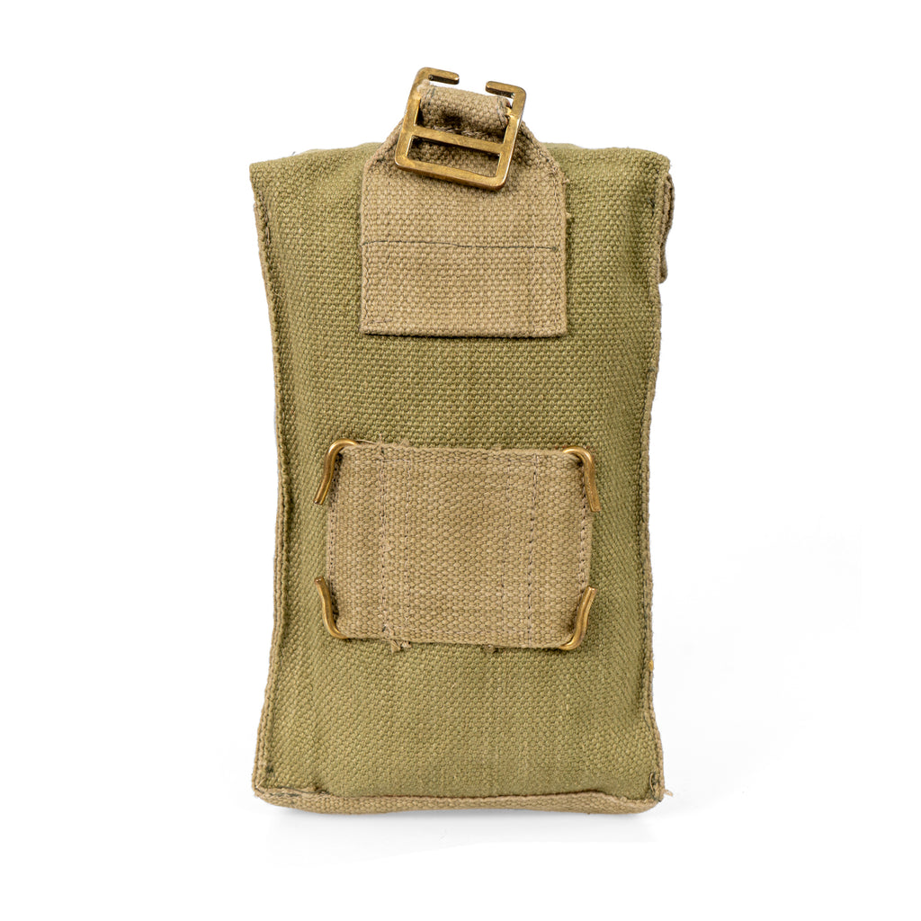 Rear view of the military canvas pouch featuring a belt attachment loop and metal buckle ladder system.