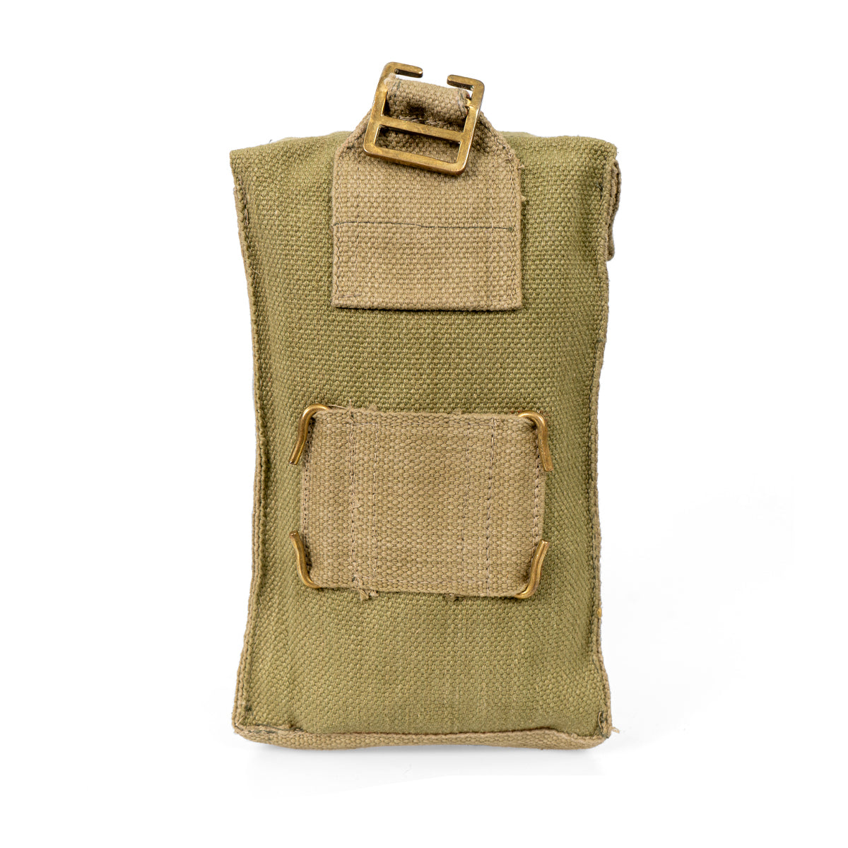 Rear view of the military canvas pouch featuring a belt attachment loop and metal buckle ladder system.