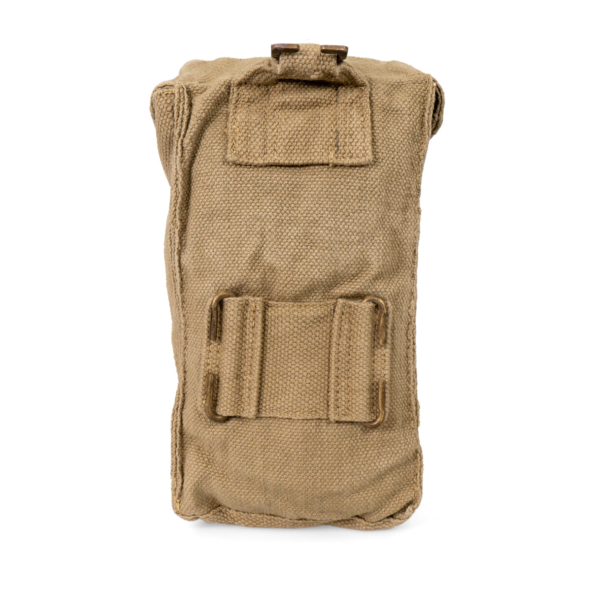 Close-up of the rear buckle ladder system and belt loops on the vintage Belgian army canvas pouch.