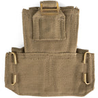 Rear view of Italian military surplus pouch featuring webbing strap, brass adjustment buckle, and two L-shaped hooks for gear attachment.
