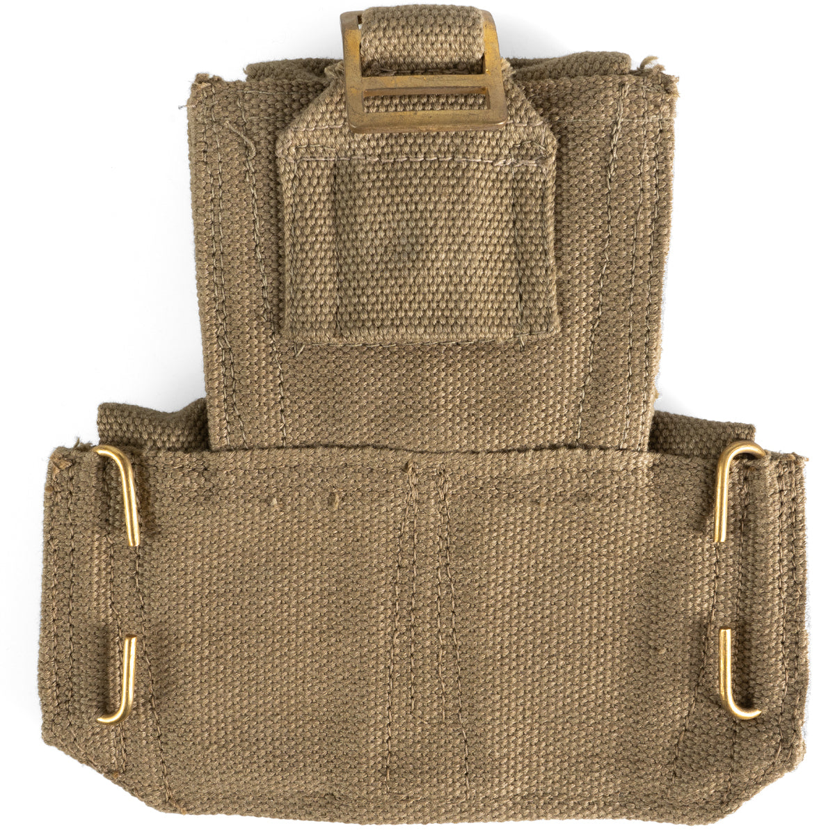 Rear view of Italian military surplus pouch featuring webbing strap, brass adjustment buckle, and two L-shaped hooks for gear attachment.