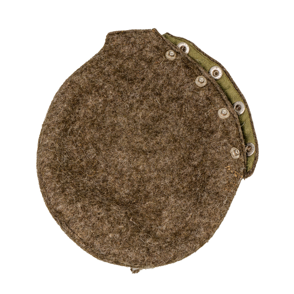 Close-up view of the felted wool thermal insulation cover for a Czech M60 military canteen with snap buttons.